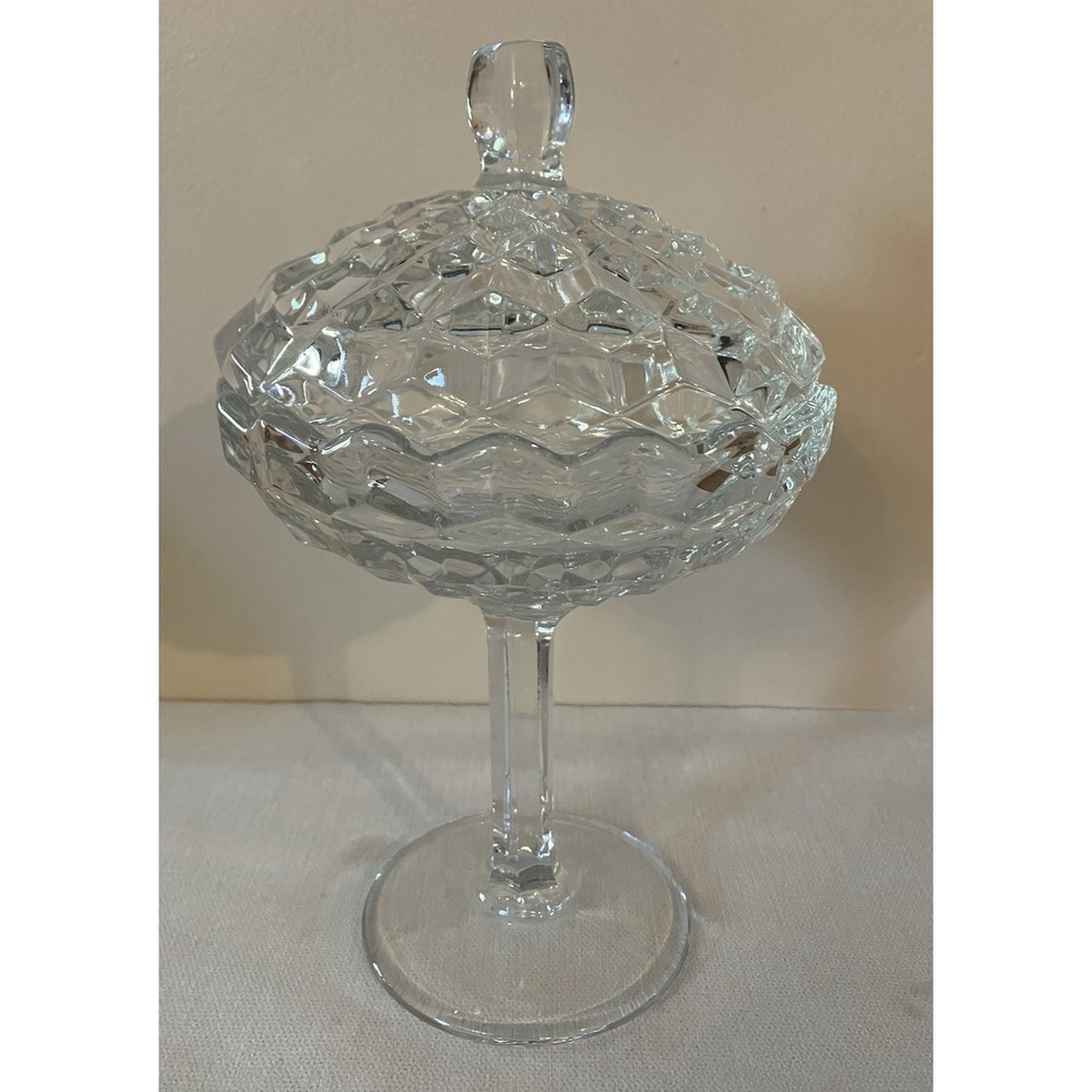 Vintage 1950s Fostoria American Cubist 9" GLASS PEDESTAL COMPOTE CANDY DISH/LID